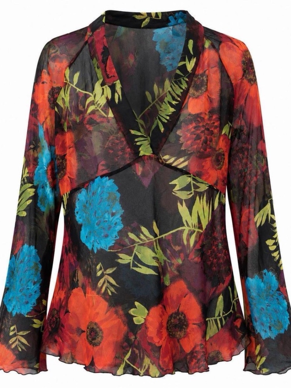Chico’s 100% Silk Sheer Floral Bell Sleeve Tunic Top Size 3 US L/XL